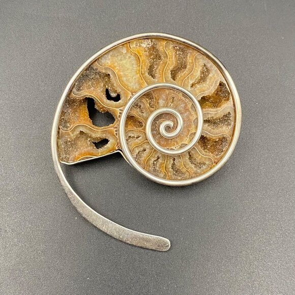 Large Sterling Silver Ammonite Fossil Pendant Nautilus Spiral Boho 33.7g Unisex - Picture 1 of 9